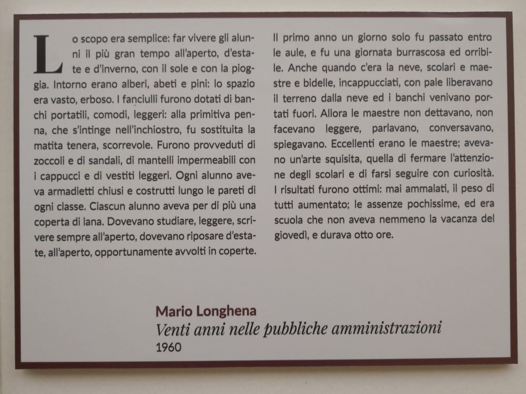 Mario Longhena ricorda le sue scuole all'aperto, 1960